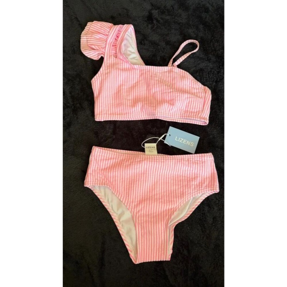 Girls 6-7T Pink Striped Bikini Coquette Ruffle One Shoulder Swimsuit NWT